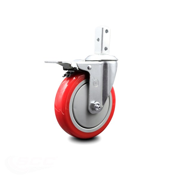 5 Inch Red Poly Wheel Swivel 7/8 Inch Square Stem Caster with Total Lock Brake